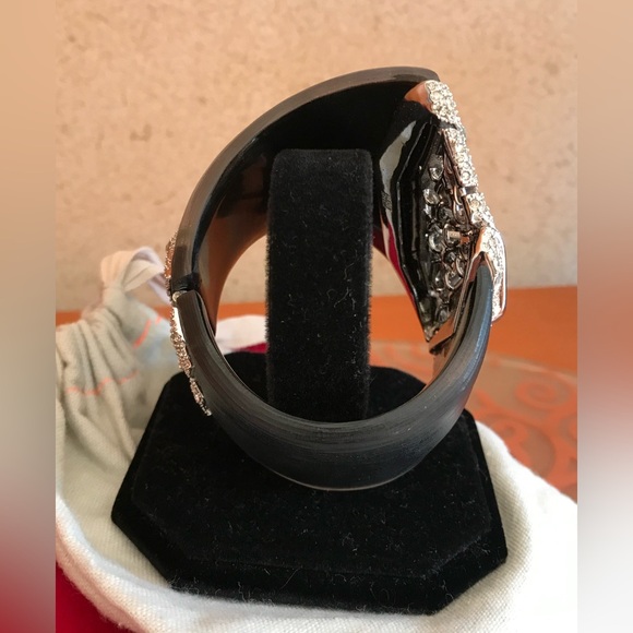 Alexis Bittar Black Lucite Hinged Bracelet with Crystals in Silver Setting. - Picture 6 of 11